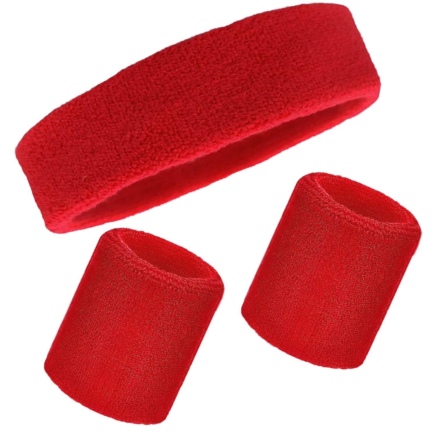 Sweatband Set Wristbands Headbands 3 Pieces Wrist Men Women Sweat Bands for Running Exercise Gym Sports Tennis Basketball Moisture Wicking(Wristbands 3.15 * 3.15 inch)(3PCS-Red)