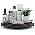 12" Oak Bathroom Vanity Tray Turntable for Perfume Candle, Round Wooden Decorative Tray for Kitchen Sink Countertop Organizer, Bathroom Counter Organizer for Skincare Makeup, Farmhouse Black Gold