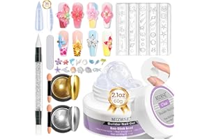 MIZHSE Solid Builder Gel for Nails, Clear 60g 3D Sculpting Gel for Nail Art Non-Sticky Molding Hard Gels UV LED Nail Charm with Gold Chrome Nail Powder and 3D Silicone Flower Mold Kit for DIY Salon