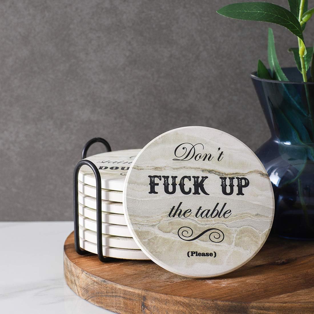 LIFVER Funny Coasters for Drinks Absorbent with Holder,8 Set Coasters with Cork Base, Ceramic Marble Style Drink Coaster with 4 Sayings for Wooden Table, Bar, Housewarming Gifts: Kitchen & Dining