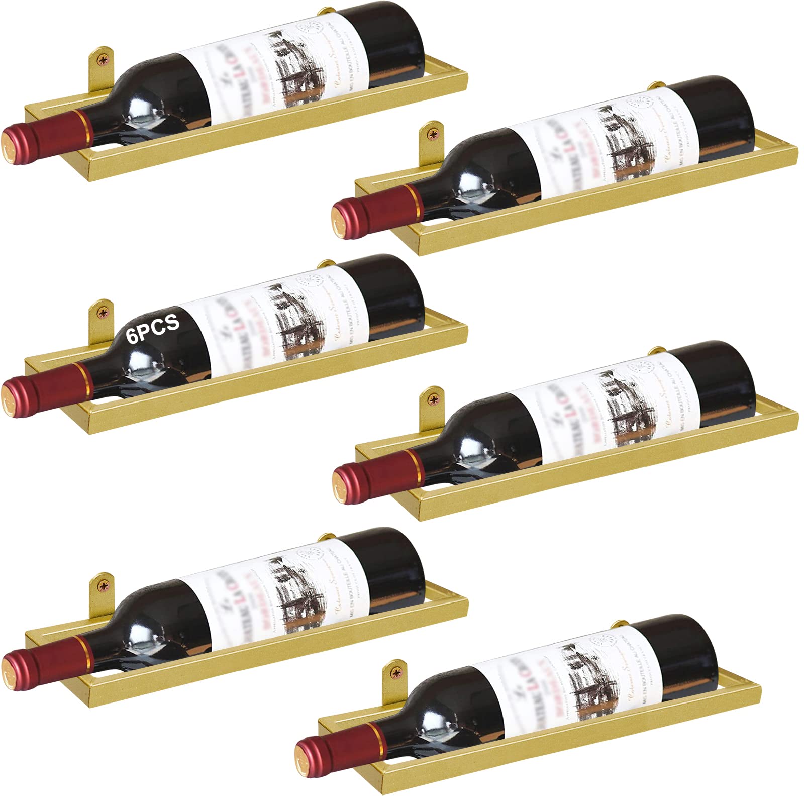 Giyiprpi Metal Wall Mounted Wine Racks, Hanging Wine Bottle Display Organizer Holder, Red Wine Rack for Home Kitchen Bar Decor (Gold 6)