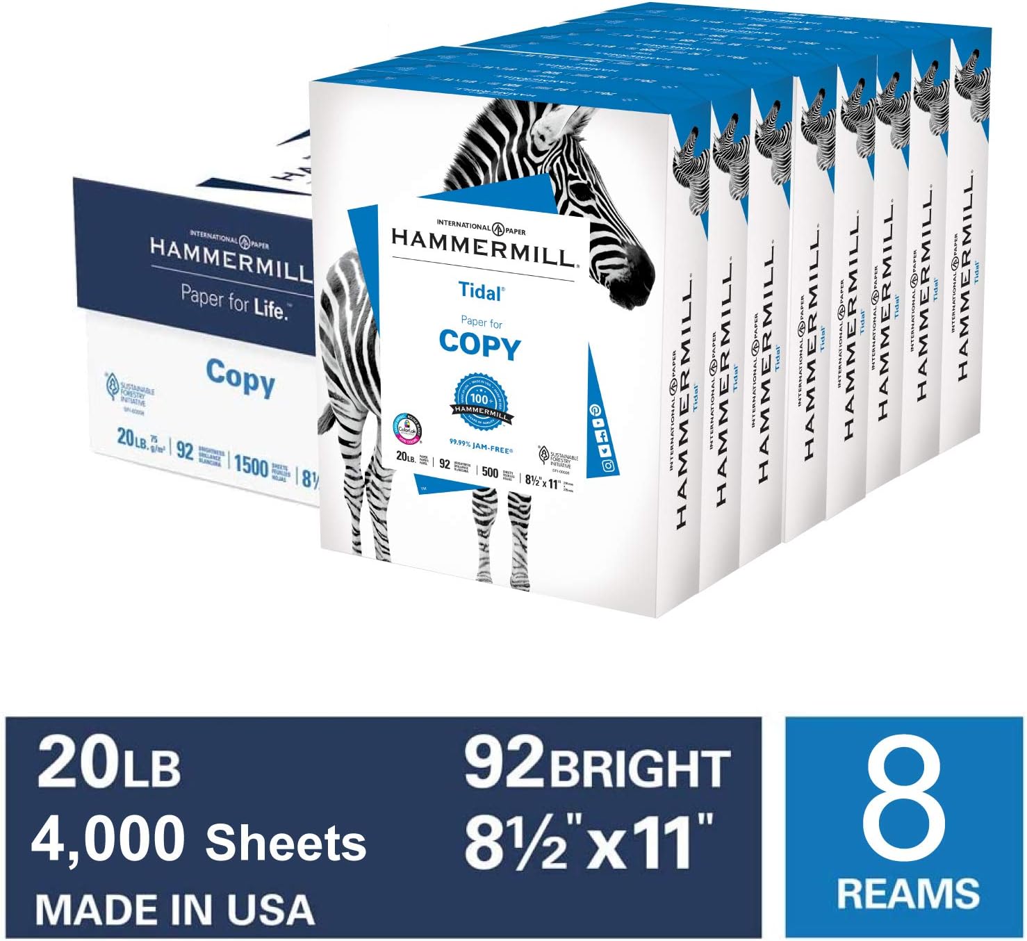Hammermill Tidal 20lb Copy Paper, 8.5x 11, 10 Ream Case, 5000 Sheets, Made in USA, Sustainably Sourced From American Family Tree Farms, 92 Bright, Acid Free, Multipurpose Printer Paper, 162008C : Multipurpose Paper : Office Products