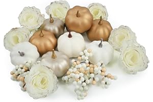 Ghrdopy Fake Pumpkins, 21 Pcs White Artificial Pumpkins, Plastic Pumpkin Berries Rose Artificial Flowers Fall Decoration Kit for Thanksgiving Table Decoration