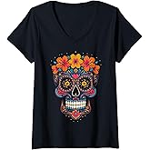 Womens Halloween Sugar Skull Calavera V-Neck T-Shirt