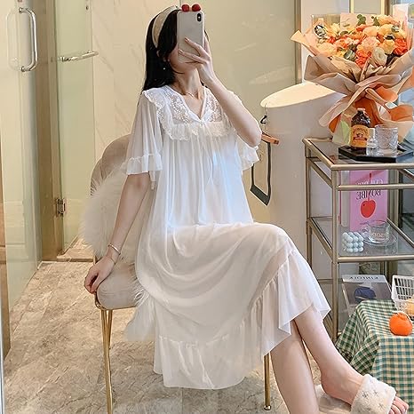 Amazon Co Jp ネグリジェ ルームウェア ワンピース 夏用 レディース パジャマ 半袖 フリル レース 無地 かわいい 宮廷風 丸首 優しい キャミソール 冷感 柔らか 便利服 おそろい 大きいサイズ コットン ホワイト ピンク ホーム キッチン