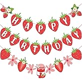 SUNBEAUTY Strawberry Happy Birthday Banner, Berry Sweet Red Fruit Party Hanging Banner, Strawberry Birthday Decorations for Girls 1st Birthday Baby Shower Party Decoration | Pre-Strung