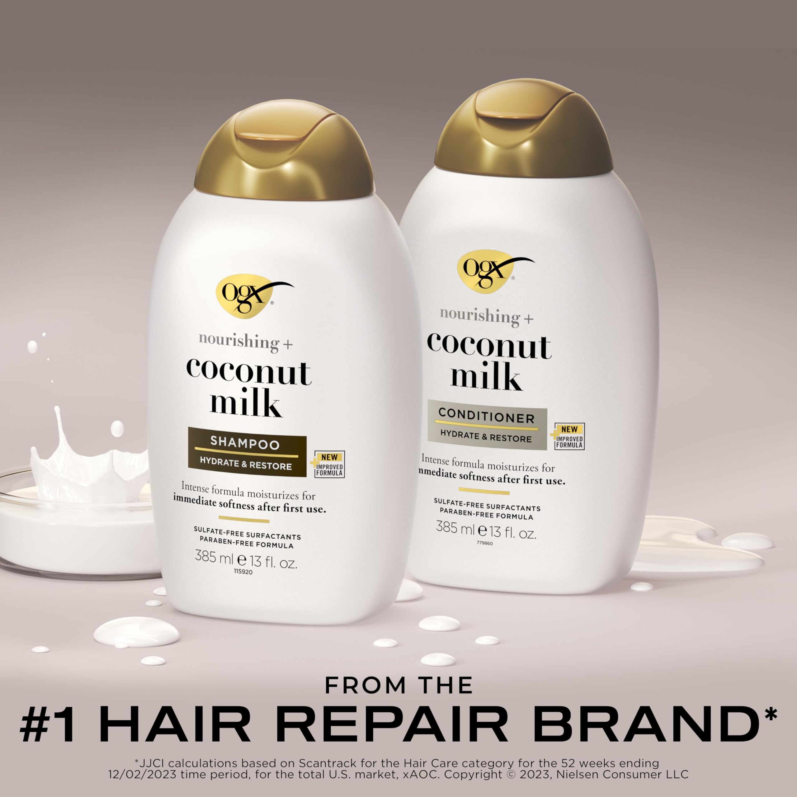 OGX Nourishing + Coconut Milk Sulfate Free Shampoo and Conditioner Set, Hydrates & Softens Hair, Lipi Pro Shield Technology, Creamy Coconut Milk White Peach & Shea Butter Scent, 2 Items, 2 x 13 fl oz