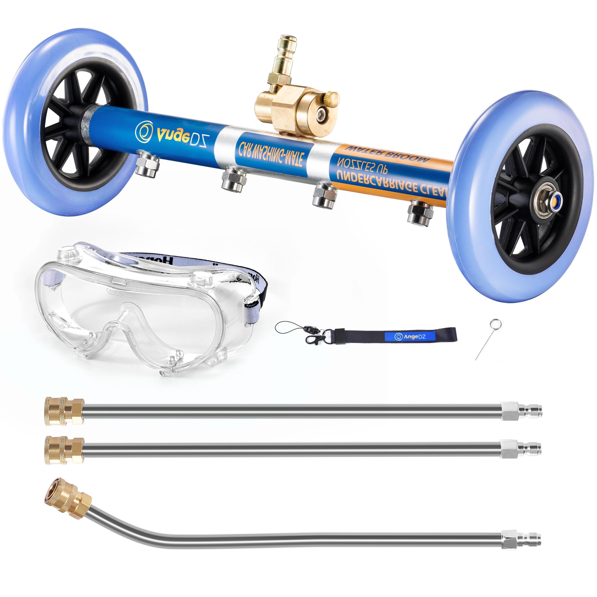 Photo 1 of AngeDZ Undercarriage Pressure Washer Attachment, 16" Water Broom, Power Washer Accessories with 4 Nozzles, 3 Extension Wands, QC Anti-Fog Goggles, 4000PSI