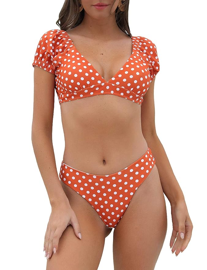 Blooming Jelly Women's High Waisted Bikini Set - Jacquard Terry Cloth, Tie Strap, Modest Retro Swimsuit