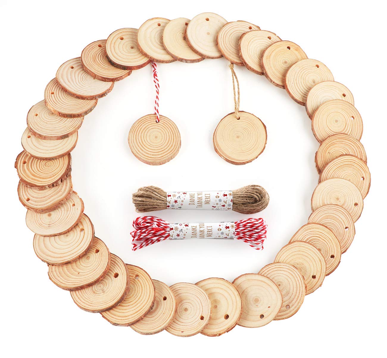 ilauke 60 Pcs Wooden Discs for Crafts, 4-5 cm Natural Wood Slices with Natural Jute Twine Unfinished Predrilled Log Discs, Wooden Circles for DIY Crafts Christmas Decorations Ornaments