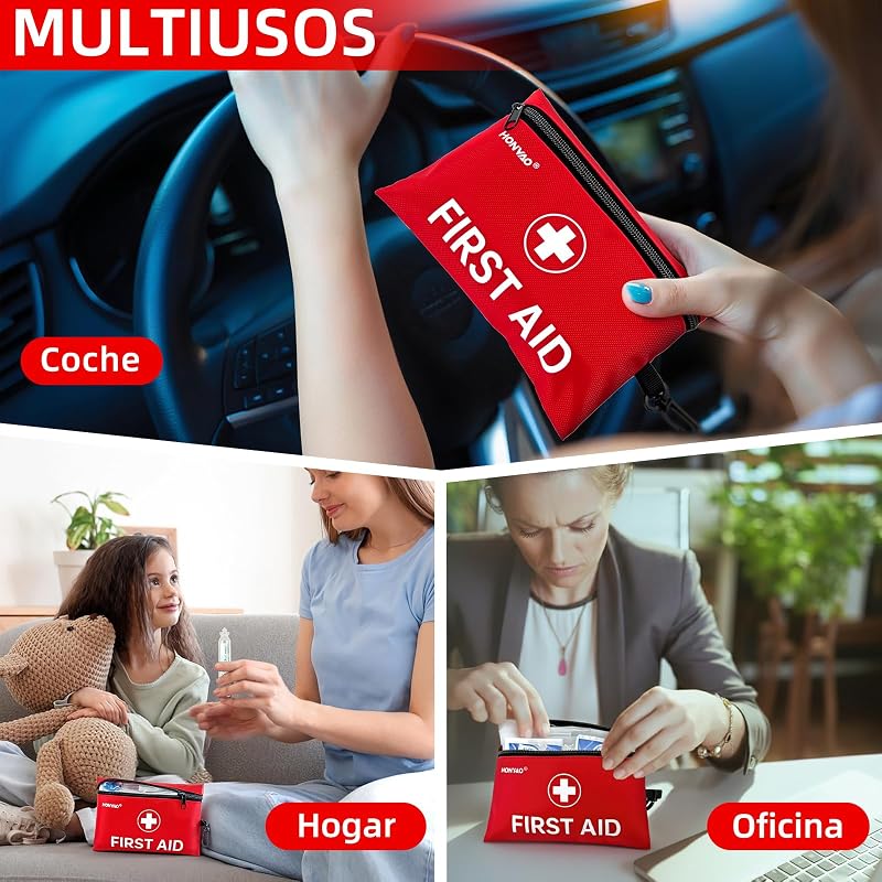 Botiquín de Primeros Auxilios 105 Piezas, Mini Botiquin, Kit de Primeros Auxilios para Casa Viaje Senderismo Coche Moto Trabajo, Rojo