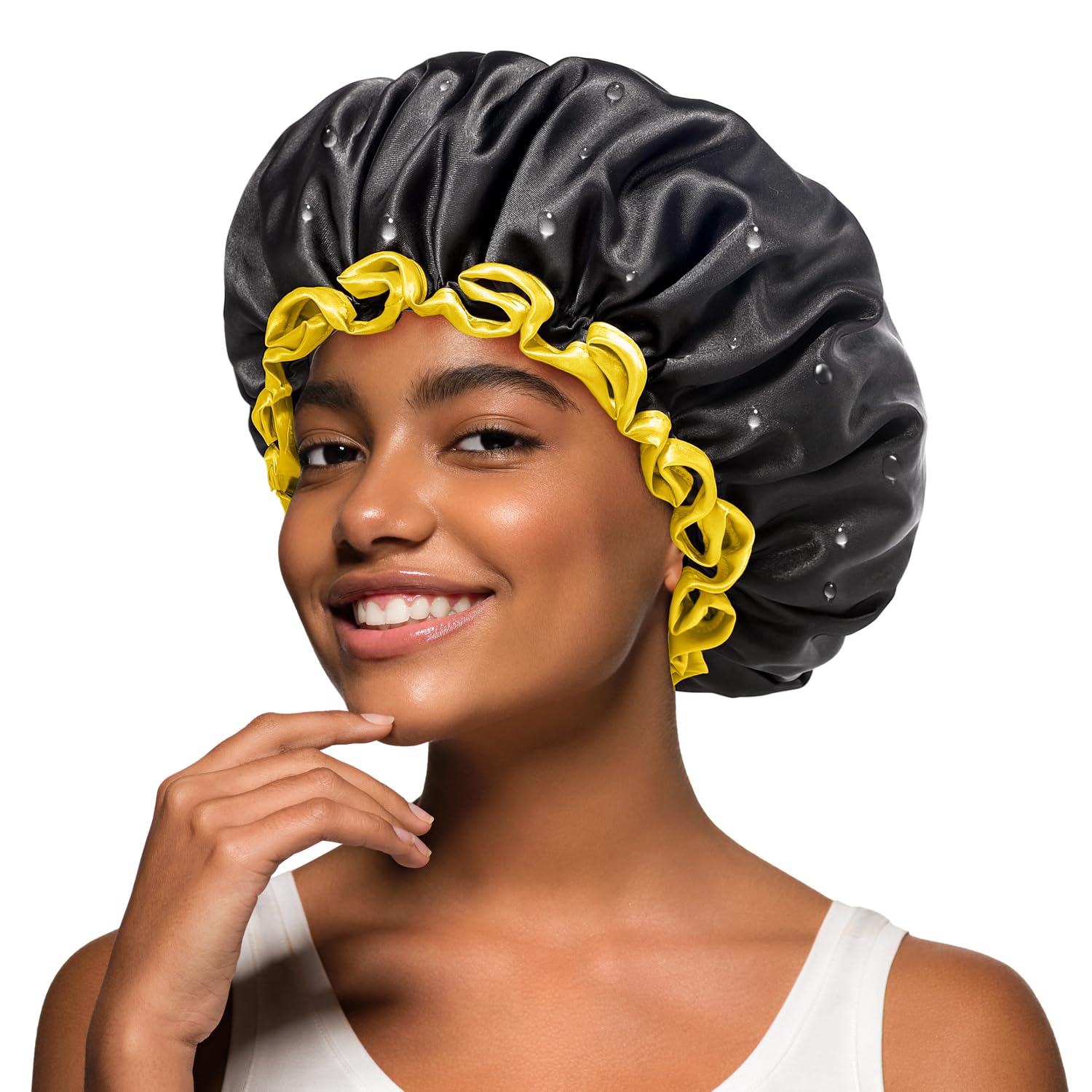 mikimini Black Shower Cap for Women and Men, Reusable Waterproof Bath Cap for Curly Thick Hair, Double-Layered Medium Hair Hats with Yellow Edge