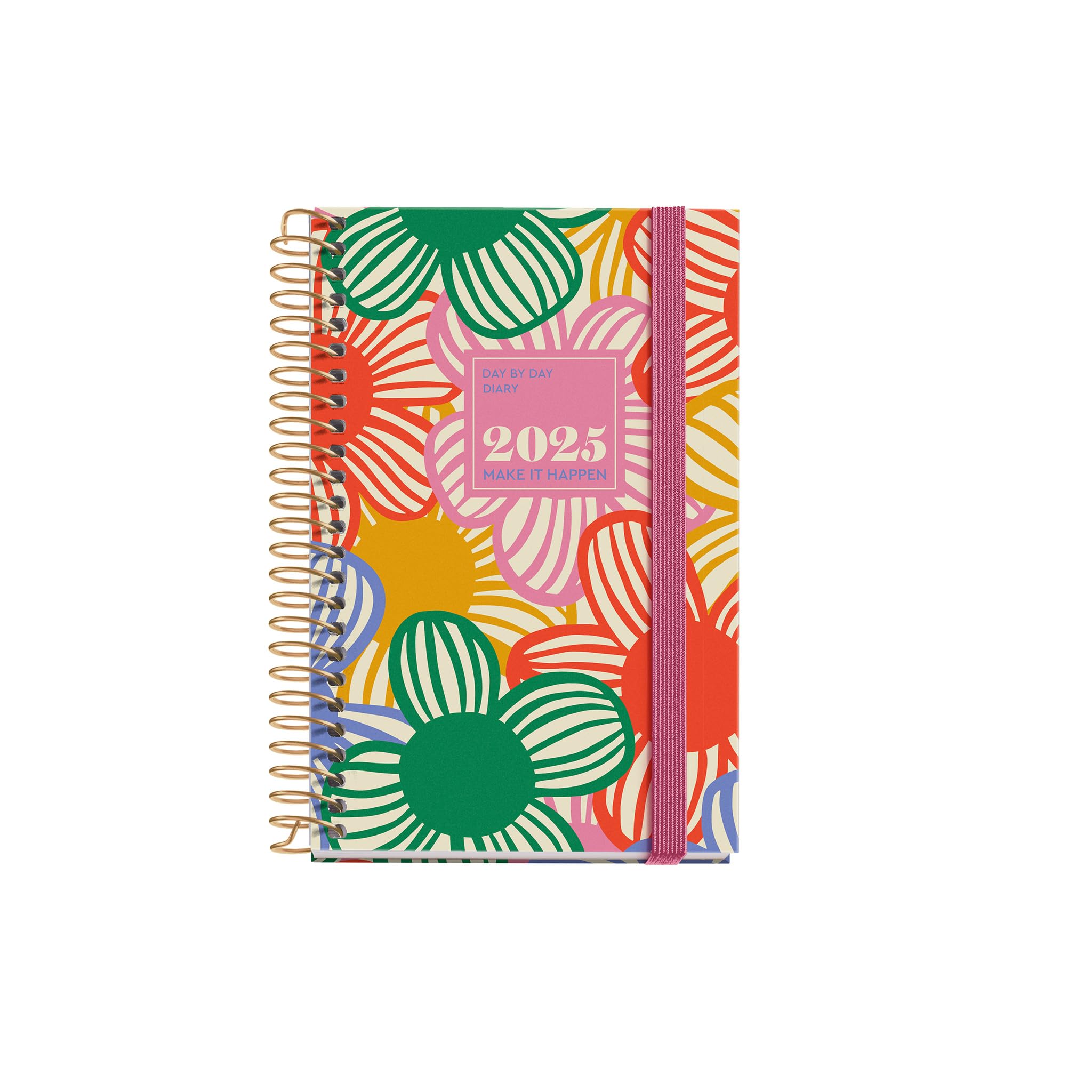 Miquelrius - 2025 Diary, 80 x 120 mm, Day Page Agenda, Laminated Cardboard Cover, Spiral, Elastic Closure, Paper 80 g/m², Catalan, English and Portuguese, Flowery