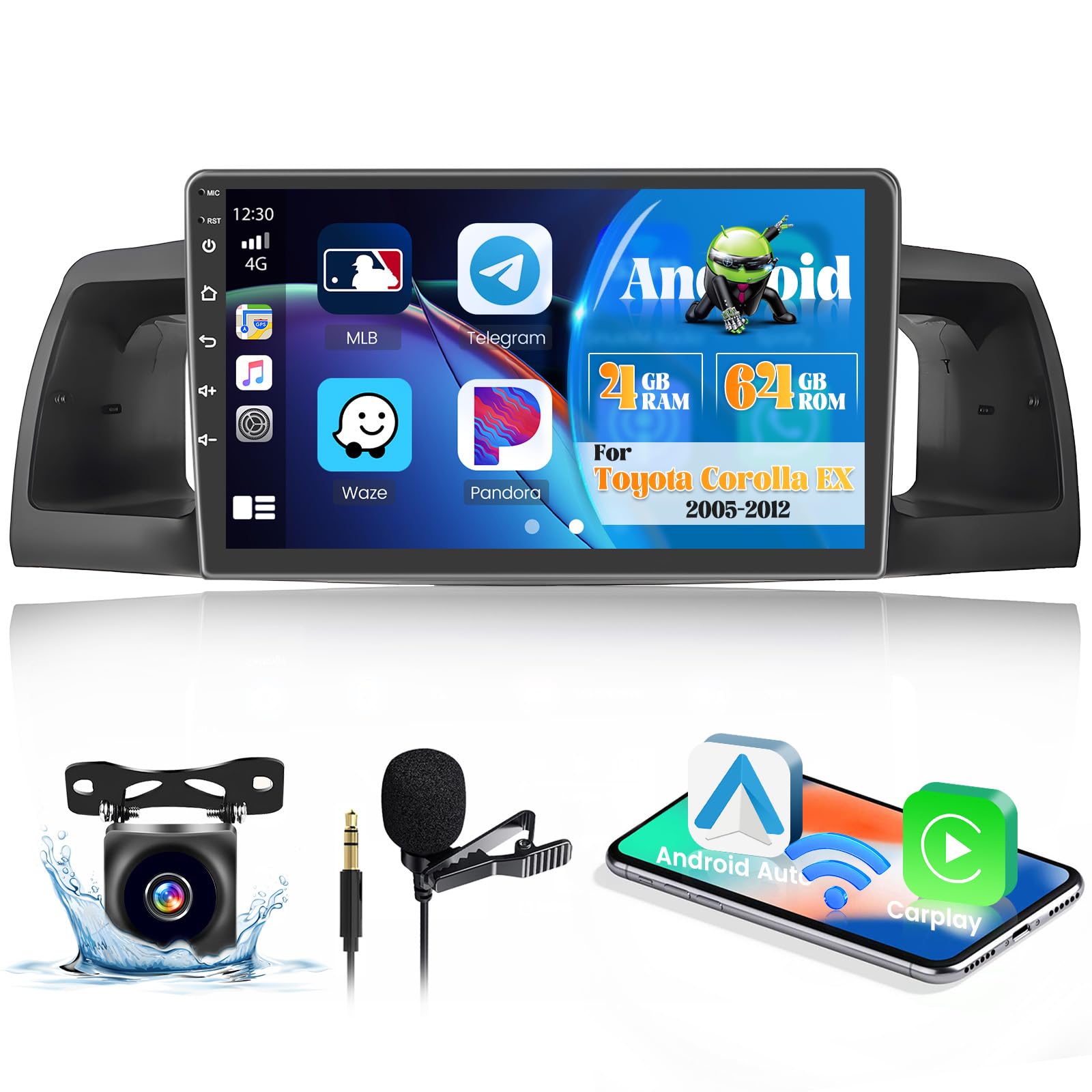 Photo 1 of [2+64G] Hikity Android 15 Car Stereo for Toyota Corolla EX 2005-2012, 9'' Touch Screen Car Radio with Wireless CarPlay Android Auto GPS Mirror Link WiFi BT FM/RDS MIC