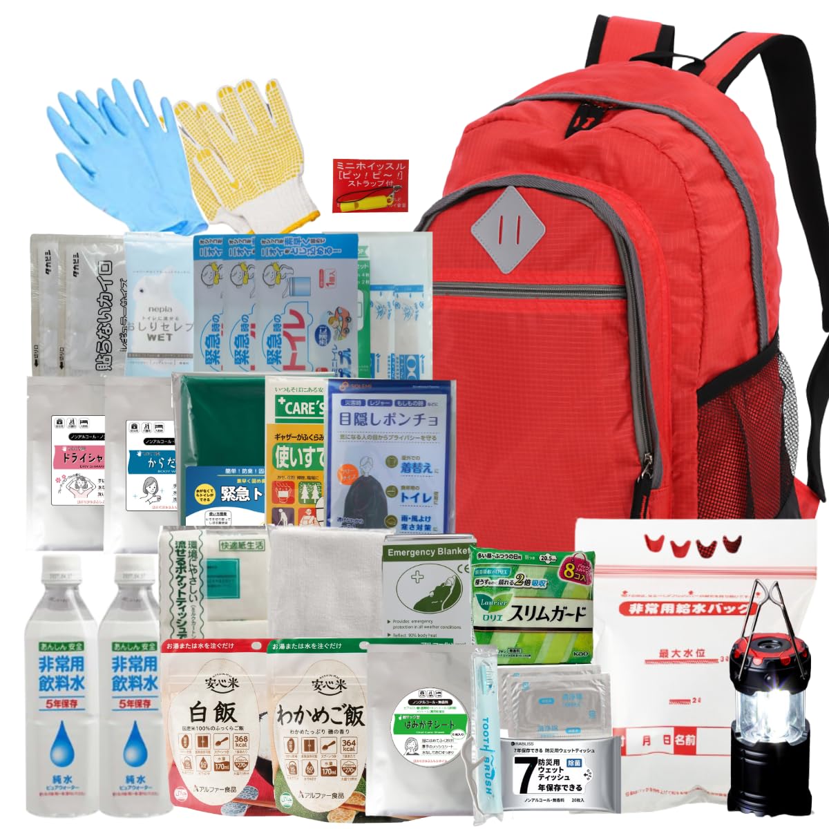 備えて安心 24点女性用防災基本 防災セット 避難 地震対策 保存食 非常用トイレ 保存食 保存水 水袋 口腔ケア ライト 防災グッズ (赤)商品画像