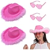 ZEBSF 2 Sets of Pink Feathers Cowgirl Hat with Heart Sunglasses - Pink Cowboy Hat for Women Girls Cowgirl Outfits Bachelorette Western Disco Party Halloween Costume Accessories