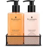 Pecksniffs Luxury Bath Gift Set, Ginger Flower and Patchouli Moisturizing Hand Soap and Body Lotion Set with Caddy, 10.1 Fl Oz
