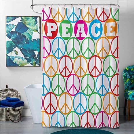 Amazon シャワーカーテンホワイトグレーレトロ カラフルな国際的に認識された文字カウンターカルチャープリント マルチ W69 X L90クリスマス魚 シャワーカーテンと平和記号記号 0x180 Cm シャワーカーテン ホーム キッチン オンライン通販