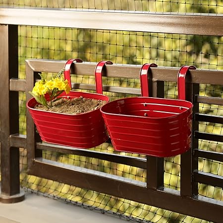 ExclusiveLane Glossy Red Garden and Balcony Decorative Metal Hanging Railing and Table Flower Planter Pot (Set of 2)