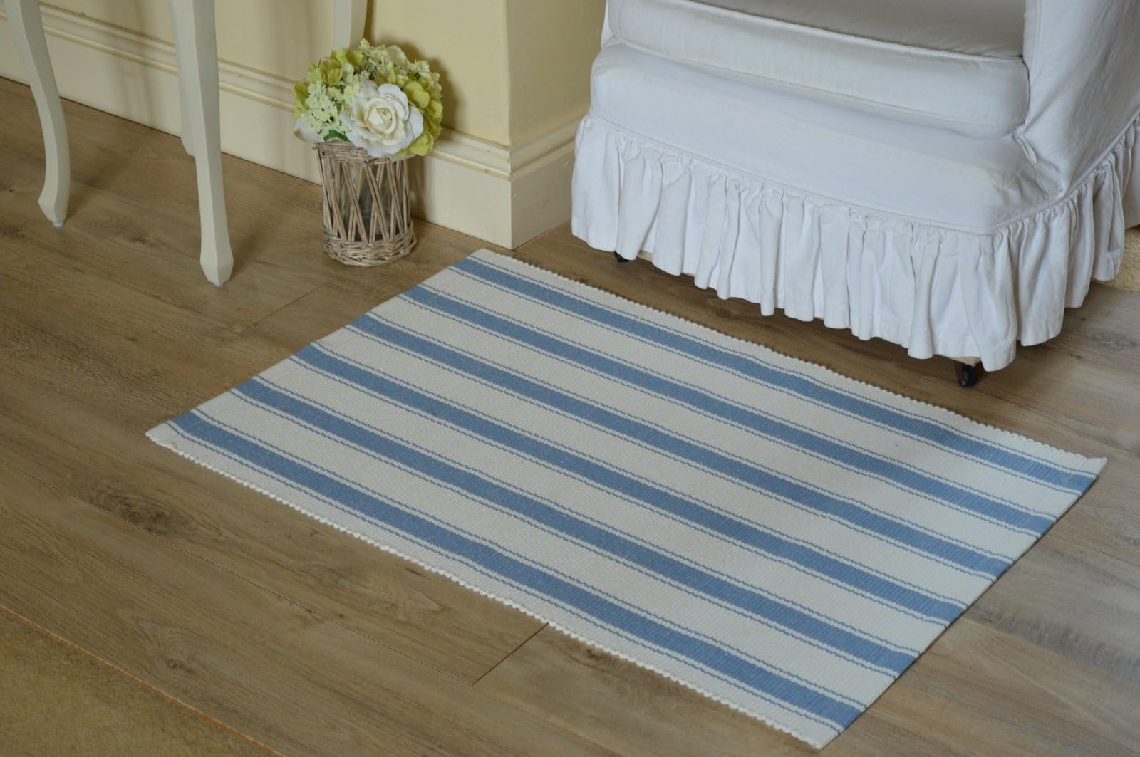 Quayside Home Floor Rug, 100% Cotton Solent Stripe Rib Weave Storm Blue/White 60x90cm 2x3