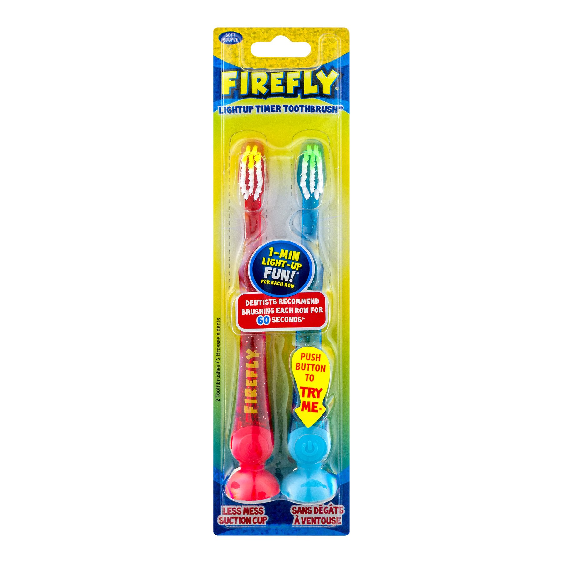 Firefly 2 Pack of 1-minute Light Up Timer Toothbrush, Soft Bristles