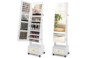 CHARMAID Rolling Jewelry Armoire with Full Length Mirror, Lockable Standing Jewelry Cabinet Organizer with Wheels & 3-Color Lights, Mirror with Jewelry Storage, Drawers & Shelves (White)