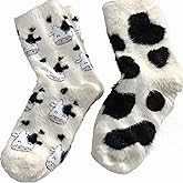 Lefe Liee Fuzzy Cow Print Socks for Women - Warm, Thick, Cozy Slouchy Slipper Socks - Fall Gifts, Cow Themed Gifts