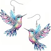 Hummingbird Earrings, 925 Sterling Silver Bird Earrings for Women Hypoallergenic 2D Acrylic Dangling Novelty Fun Blue Colorful Cute Humming Bird Drop Dangle Jewelry