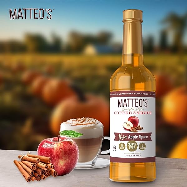 MATTEO’S APPLE SPICE SYRUP FOR COFFEE, LATTES, CAPPUCCINOS & DESSERTS – SUGAR-FREE SWEETENER FOR BEVERAGES, KETO FRIENDLY, ZERO CALORIES, INDULGENT FLAVOR, NON-ALCOHOLIC, IDEAL FOR COFFEE 33.8OZ (1PK)