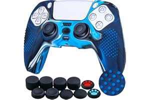 YoRHa Studded Silicone Cover Skin Case for PS5 Controller x 1(Camouflage Blue) with Pro Thumb Grips x 10