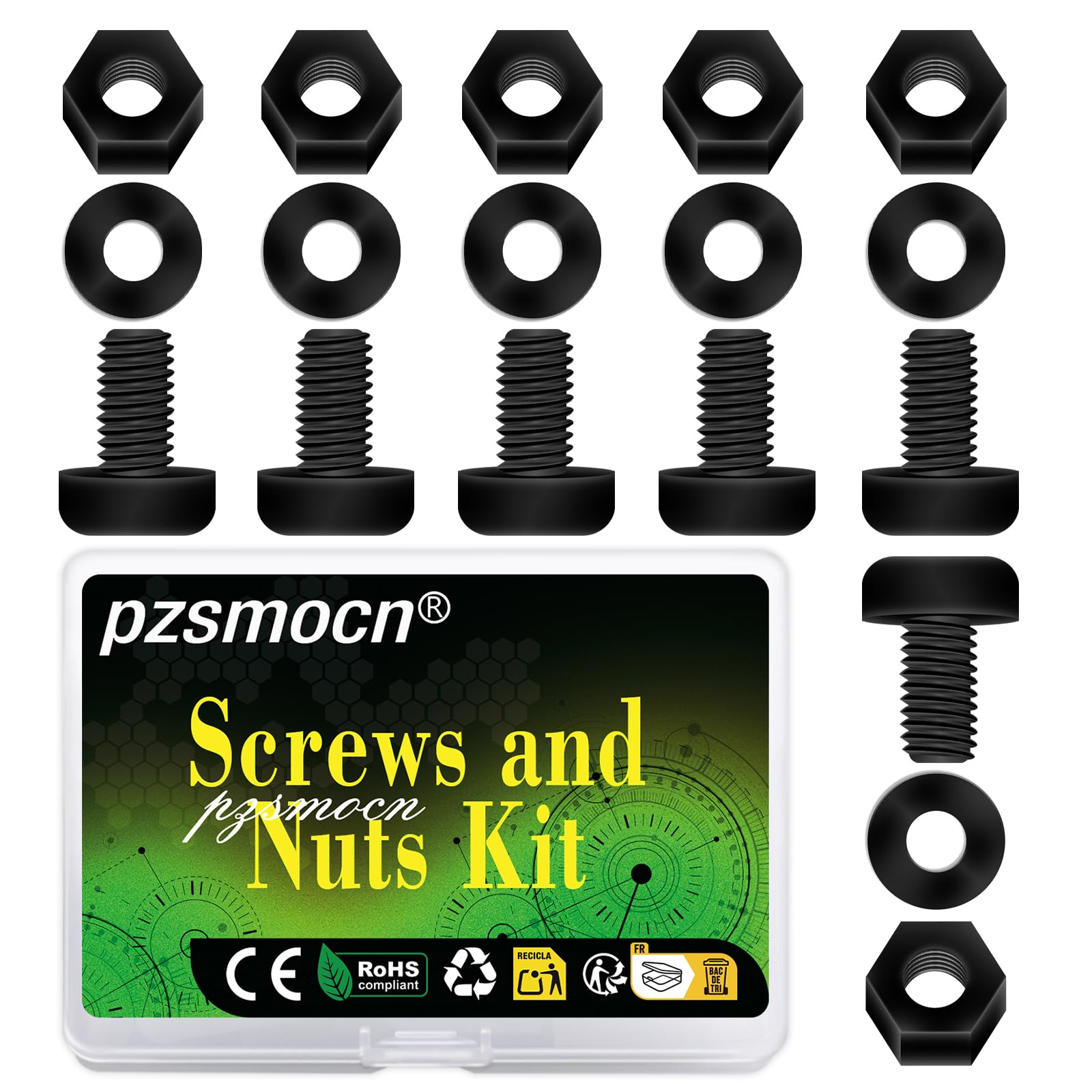 Pzsmocn 300 Pieces/100 Sets M3*6 mm Plastic Black Nylon Cross Round Head Screw Hexagonal Nut Combination Kit, with Insulating Washers, Standard Size, For DIY and Electronic Assembly.