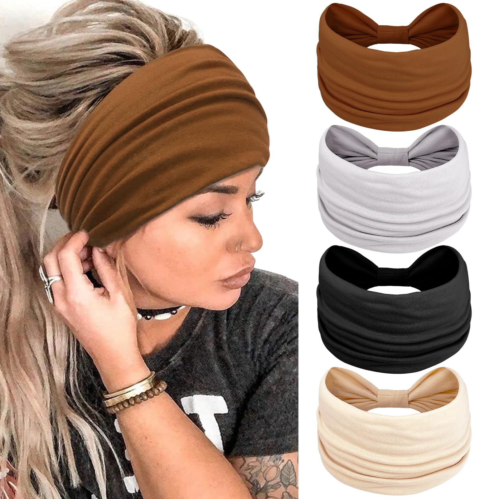 Kavya Head Scarfs for Women, Elastic Soft Boho Headband Flower Leopard Yoga Sport Hairbands, Headbands For Women's Hair(4 Pieces) — image 1