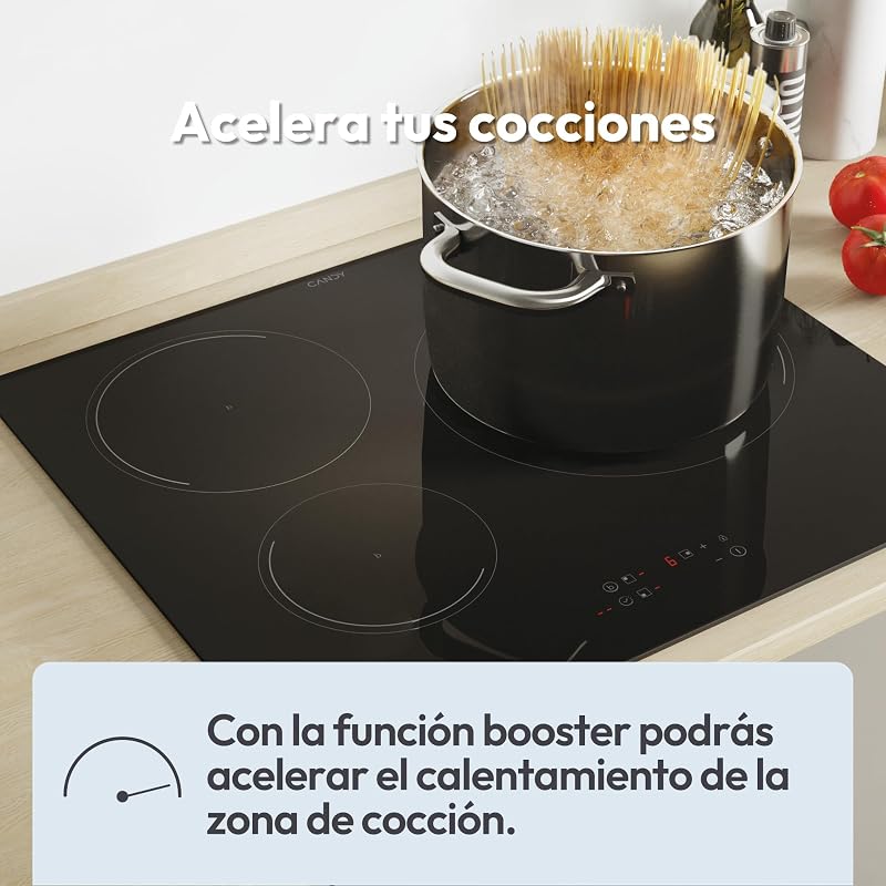 Candy ci633c/e14u, placa de indução, 3 zonas, 60cm, 9 níveis de potência e booster, 7,2kw, controles centrais, indicador de calor, trava de segurança, alerta de superaquecimento e derramamento, preto