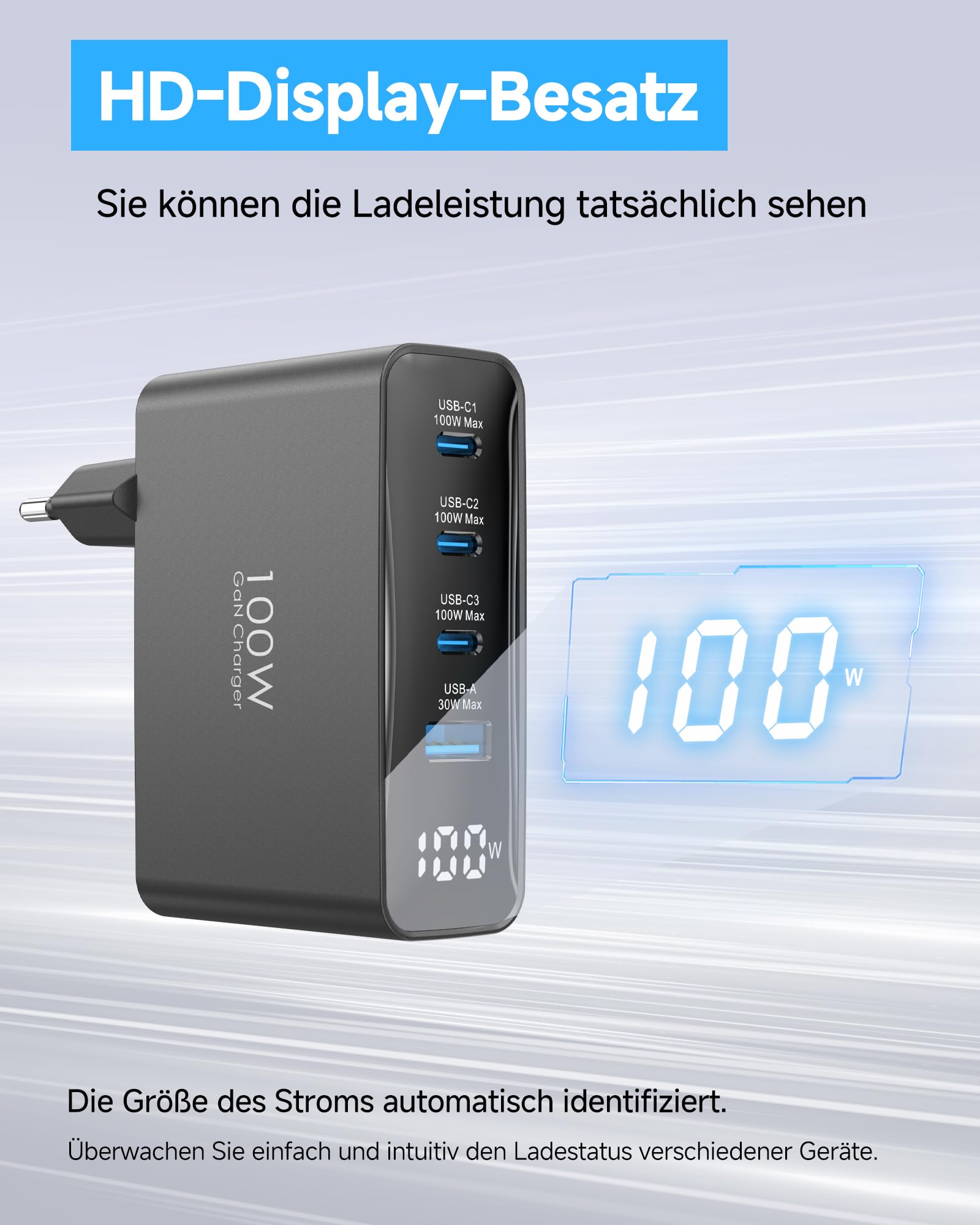 100W USB C Ladegerät, 4-Port Schnellladegerät mit LED Display, USB-C Netzteil GaN Charger PD/PPS für MacBook Pro/Air, für iPhone 17/16 Pro/iPad, Galaxy S25/S24, für HP/Lenovo/Acer/Lpatop, Schwarz 3