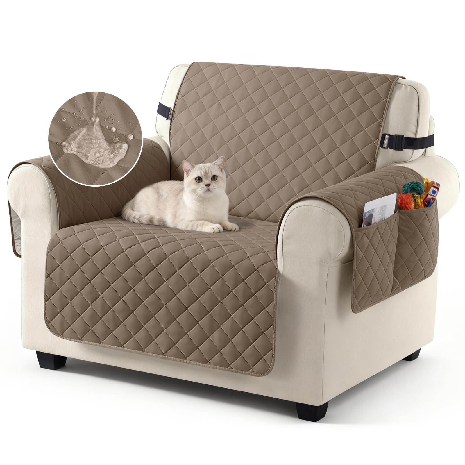 TAOCOCO Sofa Covers 100% Waterproof Sofa Slipcovers 1 Seater,Settee Covers with Storage Pockets,Non Slip Couch Covers,Washable Sofa Protector for Kids/Dogs/Pets(Brown)