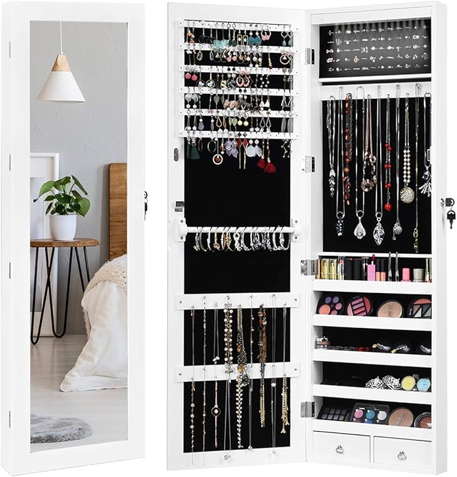 COSTWAY Armoire à Bijoux Mural avec Éclairage LED sur Pied avec Miroir