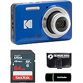 Kodak PIXPRO FZ55 Blue 16MP Digital Camera 5X Optical Zoom 28mm Wide Angle 1080P Full HD Video 2.7" LCD Camera + 64GB Card and Reader + Memory Wallet