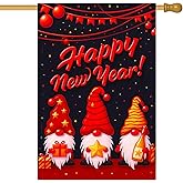 HOMETITUTE Happy New Year House Flag 28x40 Inch Double Sided Garden Flag Red Gnomes Gift Star and Champagne Design Winter Holiday Yard Banner Large Outdoor Flag for Porch Lawn Home Decoration