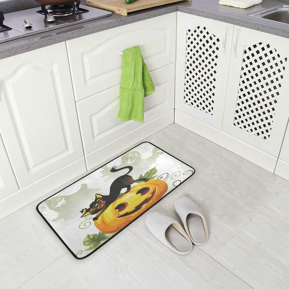 Black Cat On Halloween Pumpkin And Ghost Standing Mat Kitchen Rug Mat Anti Fatigue Comfort Flooring Mat Commercial Grade Pads, Waterproof, Ergonomic Floor Pad, Rugs for Office Stand Up Desk 39" x 20"
