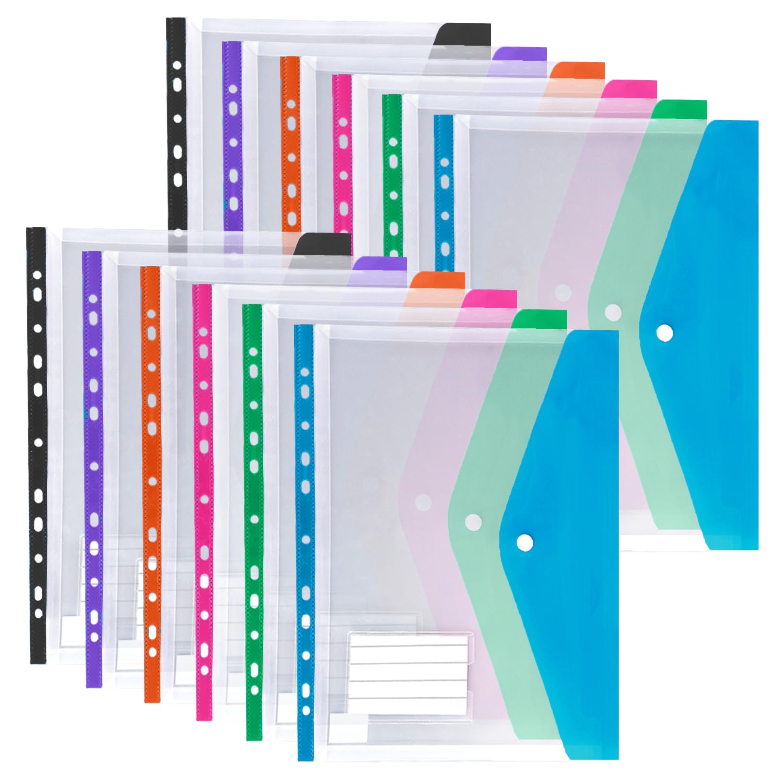 Plastic Wallets A4 Punched Pockets, 12 Pack Expandable Poly Pockets A4, Plastic Sleeves for Document Filing, Waterproof, Stationary Supplies for School, Office, Home, Travel