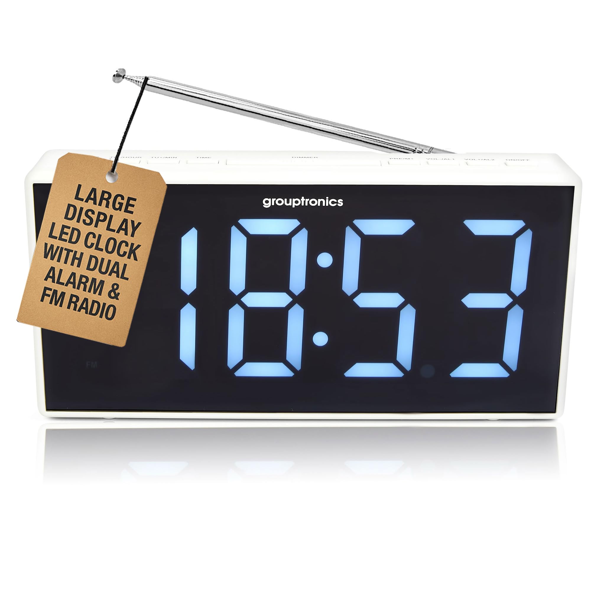 Grouptronics Large Digital Alarm Clock Radio - Mains Powered, 9" Large Display Clock, Bedside or Kitchen, Non Ticking, Dual Alarm, Brightness Control, Battery Back-Up - White