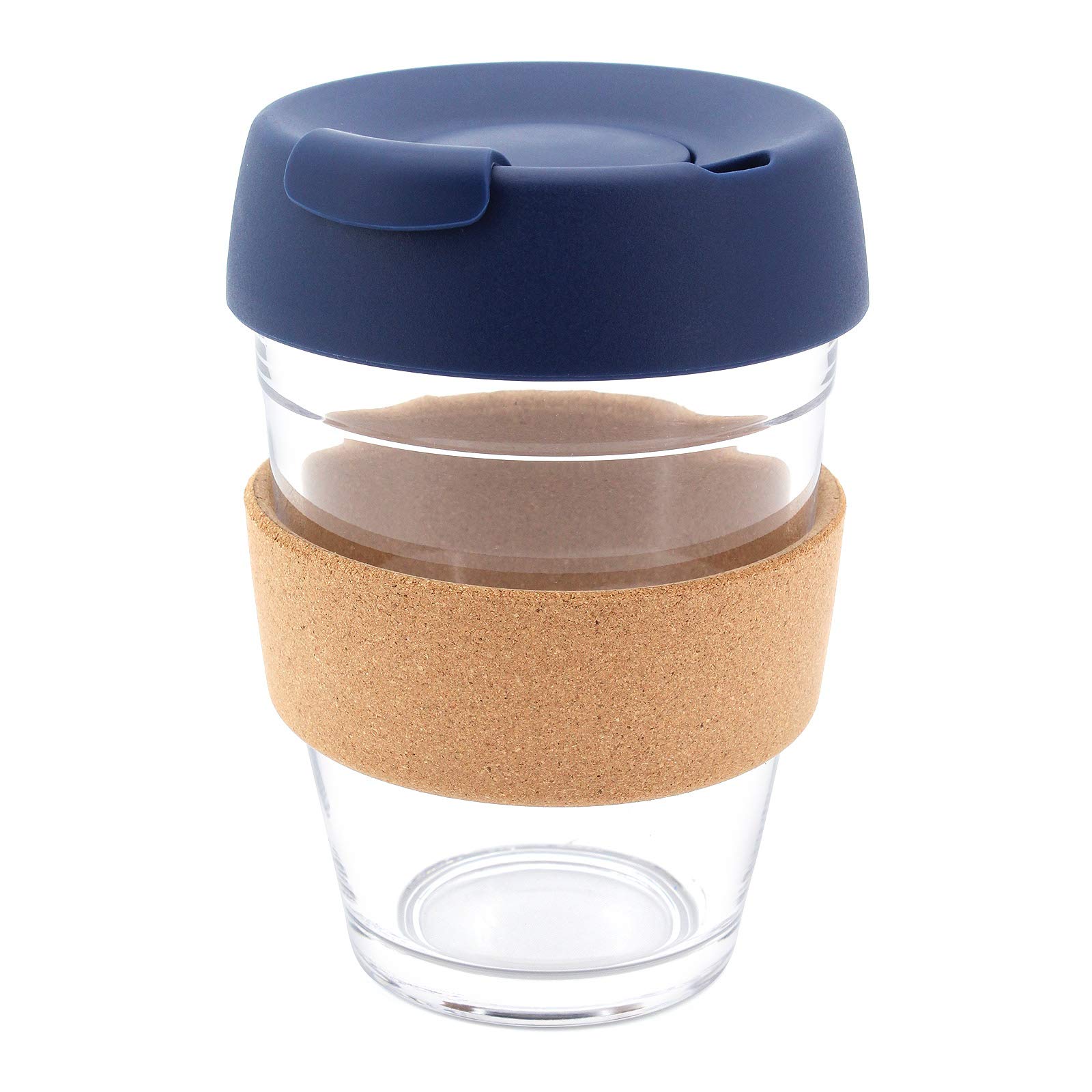 Hosoncovy 350ML Reusable Glass Coffee Cup with Cork Sleeve Heat Resistant Cork Band Travel Coffee Mug with Lid 12 OZ Coffee Cup (Dark Blue)