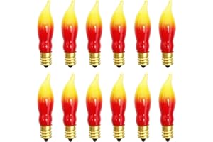 Abeja 12 Pack Flame Lights Bulb, Red &Yellow Flame Shaped Bulb for Candle Lamps, Outdoor C18 String Light, C7/E12 Candelabra Base Night Light Bulbs, 7 Watt, 120 Volt- Red/Yellow