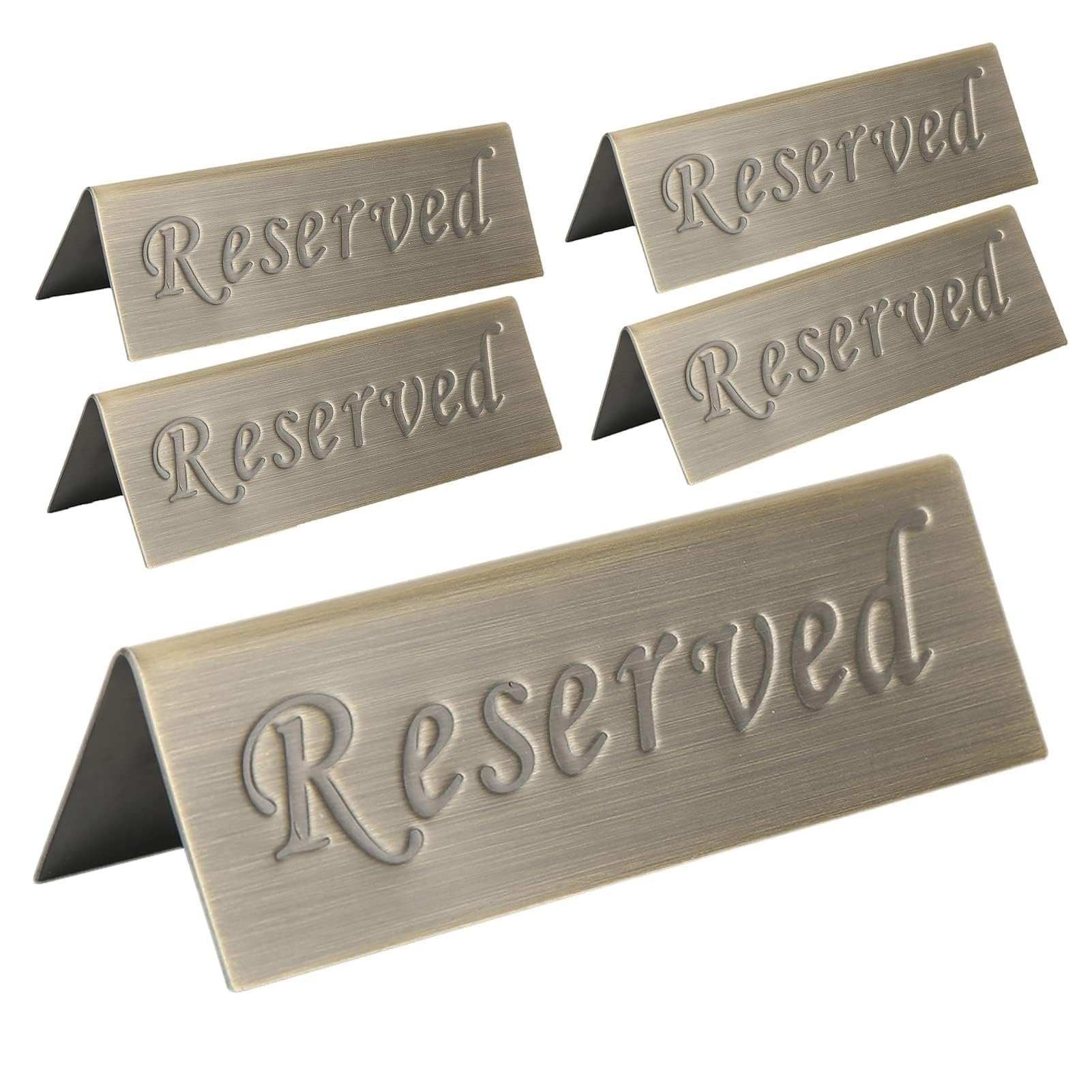 5Pcs Reusable Reserved Signs for Tables, Double Side Tent-Style Stainless Steel Mini Reserved Table Sign Cards for Restaurants Hotels Coffee Bar Pub, 12 x 4 x 3.5cm (Bronze, 5PCS)