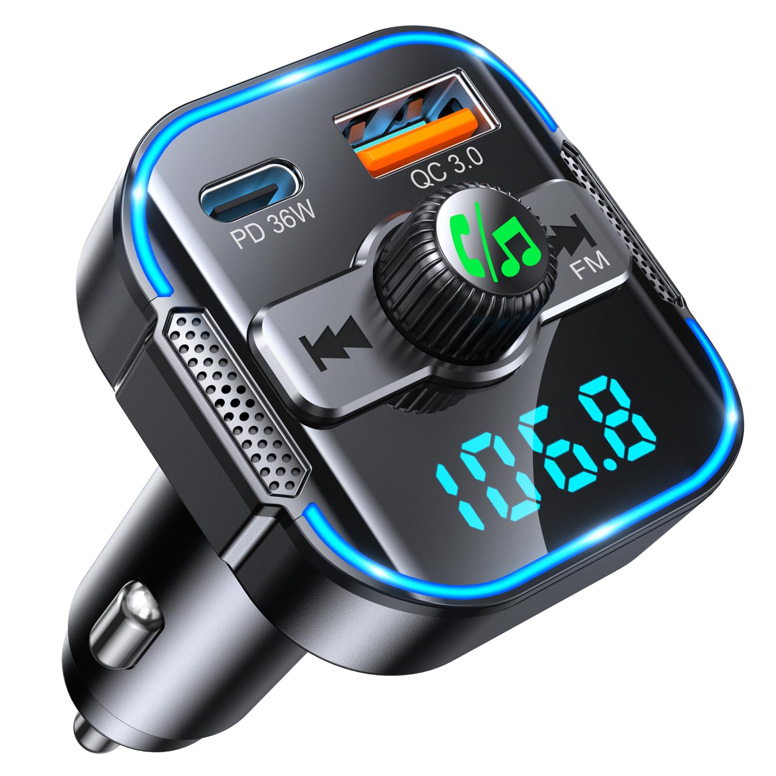 Glangeh 2026 Upgraded Bluetooth 5.3 Car Adapter【PD 36W+QC3.0 18W】, 2-in-1 Bluetooth FM Transmitter 【Dual Stronger Mics】& Fast Car Charger, Wireless Car Radio Adapter Hands-Free Kit, Siri Assistant
