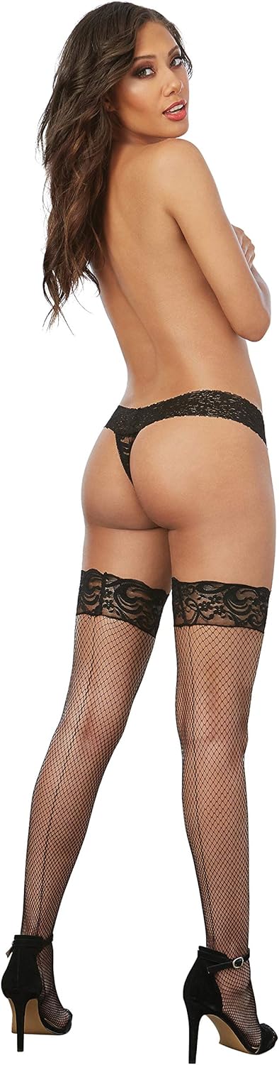 Dreamgirl Women's Fishnet Thigh-High Stockings with Silicone Lace Top, Black, One Size: Thigh High Stockings: Clothing