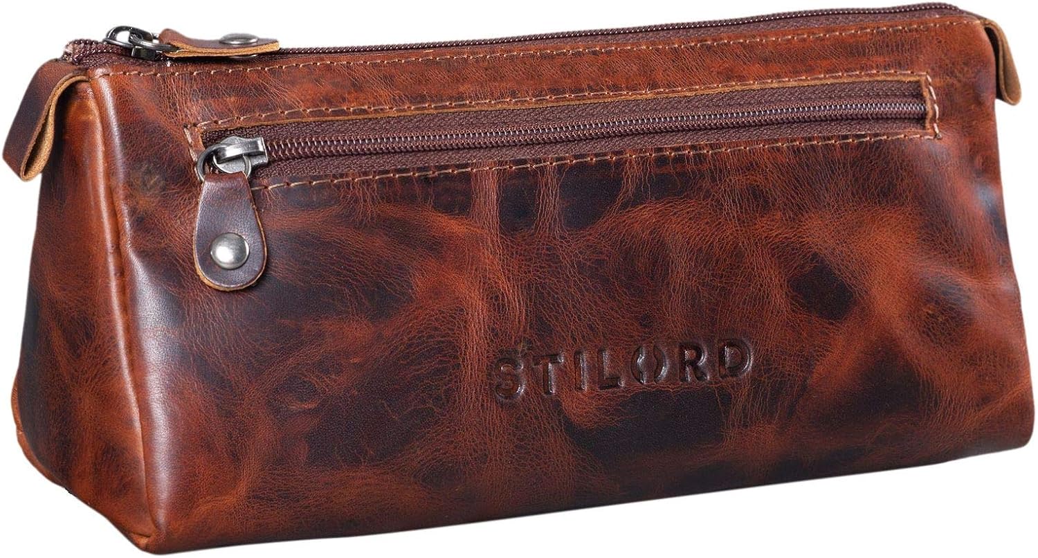 STILORD 'Alexis' Leather Pencil Pouch Vintage Pen Case Holder with Zipper for Women Men for School Office in Genuine Leather Colour:Milano