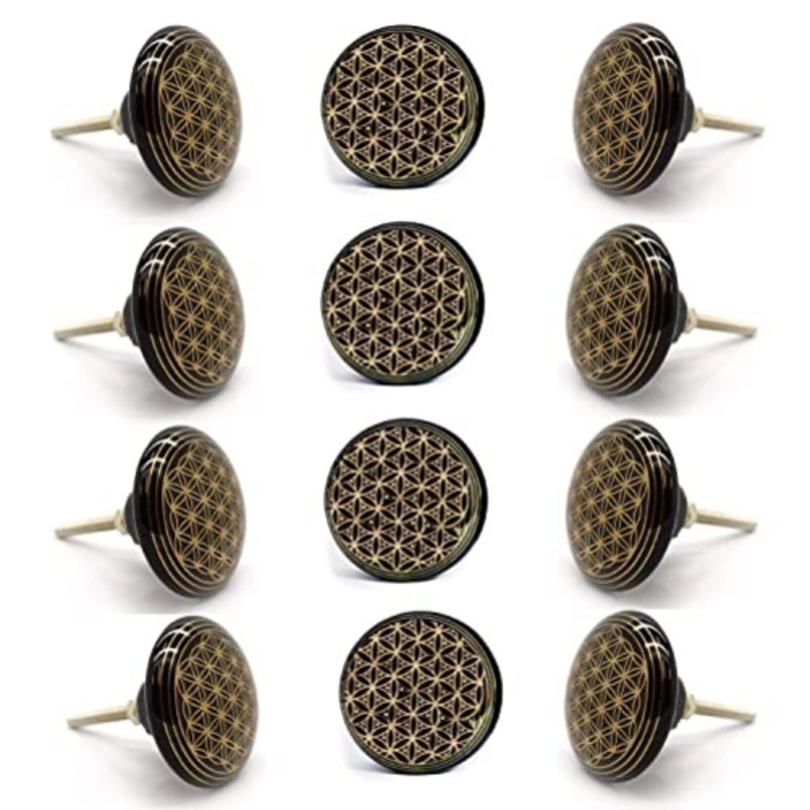 Set of 12 Hand Painted Ceramic knobs in Black and Gold Mandala. Handcrafted Handles for cabinets, Drawers, Dressers and Hangers. Classic Ceramic knobs 40mm Diameter