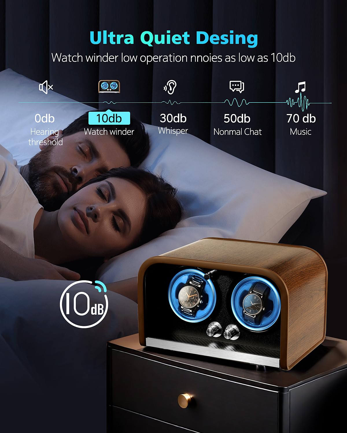 Clewcks Watch Winder for Automatic Watches, Watch Winders Box for Rolex,Double Japanese Silent Motor, 4 Rotation Mode Setting, Blue Light, Plug-in or 2 * AA Batteries (not included), Retro Style, Gift for man