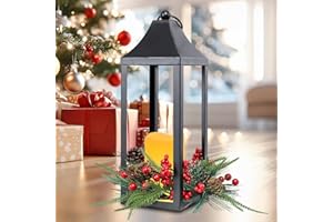 Taman Christmas Lantern, 15" Decorative Hanging Candle Lantern Metal Vintage Light Battery Operated for Outdoor Christmas Patio Garden, Table,Party Decor, 1 Pack